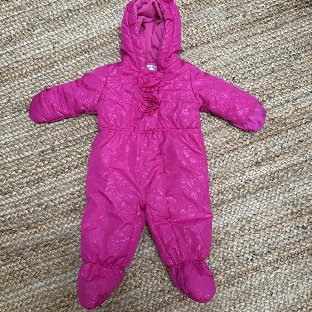 Rothschild Baby Girls Pink Hooded Floral Snowsuit Sz 6/9M Winter Bunting Coat